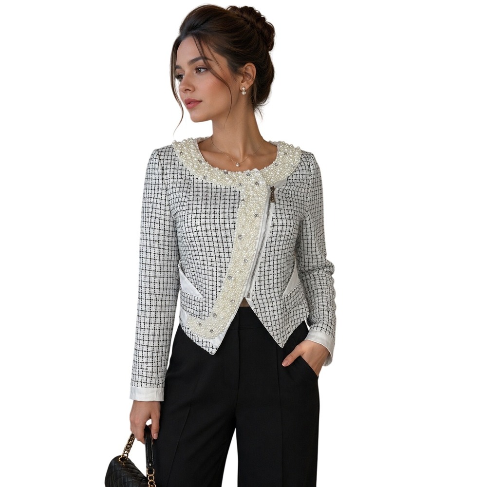 Beulah Tweed Moto Jacket White Black Pearl Embellished Zip Blazer Preppy M